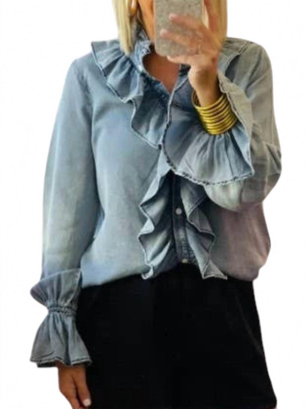 NEW CEZELE ruffled button down long sleeve top in denim